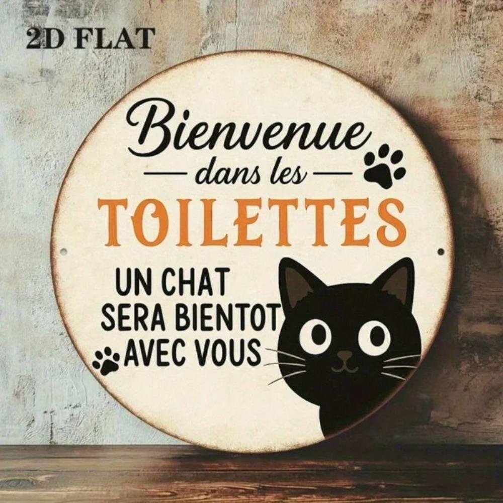 Rustic Round Aluminum Cat Sign for Bathroom, Country Style Decorative Wall Plaque