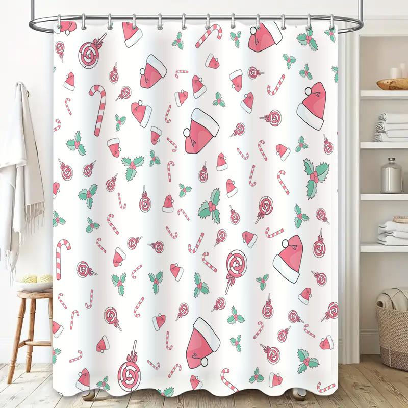 Christmas Candy Cane Santa Hat Printed Shower Curtain for Bathroom Decor Waterproof Fabric with Hooks (White)