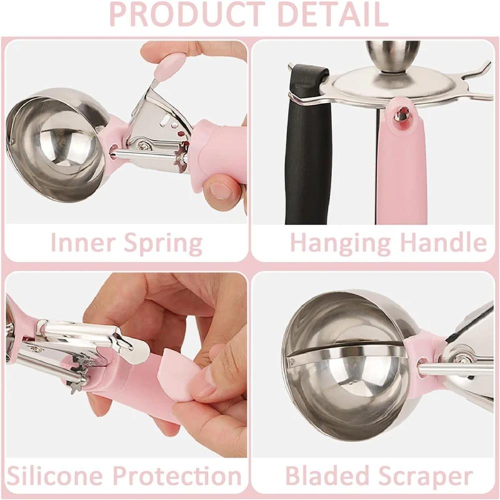 Stainless Steel Ice Cream Scooper Multifunctional Pressable Fruit Spoon Dual-Purpose Ice Cream Ball Spoon Kitchen Supplies