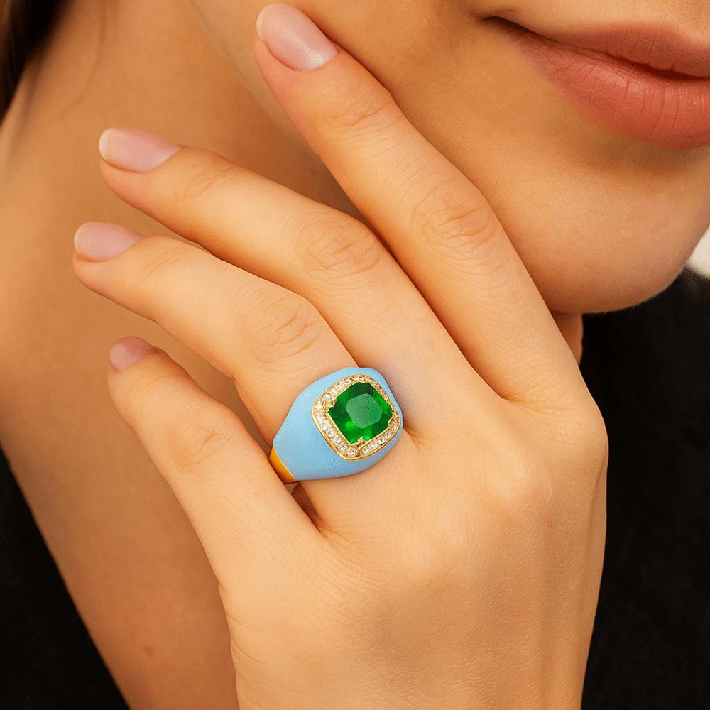 Gold Plated Zircon Open Ring Multicolor Geometric Square Ring Enamel Dripping Oil Ring  For Women