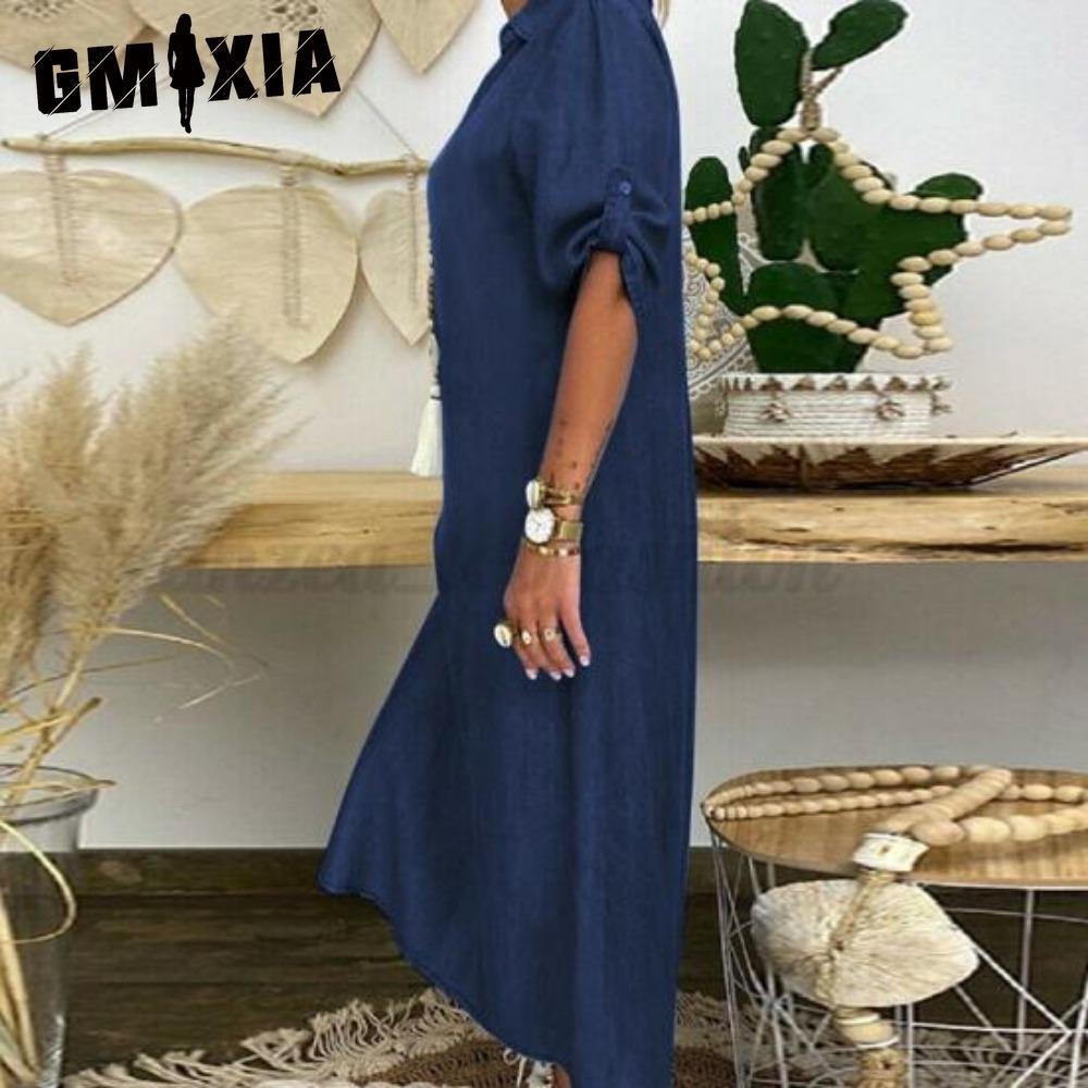 GMXIA Letní džínové šaty pro ženy Ležérní jarní modré maxi šaty Výstřih do V Poloviční rukáv Nadměrná velikost Dlouhé šaty s rozparkem