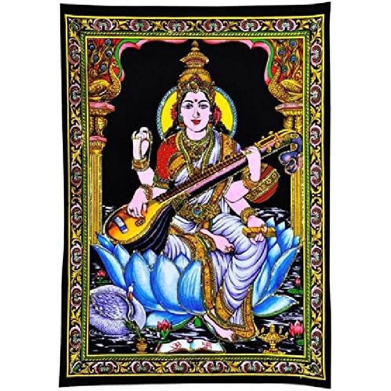 Maa Lakshmi Goddess of Wealth & Prosperity - Cotton Tapestry, Traditional Cotton Print-Tapestry 40" x 30" Inches Wall Hanging Decor (Mata Lakshmi)