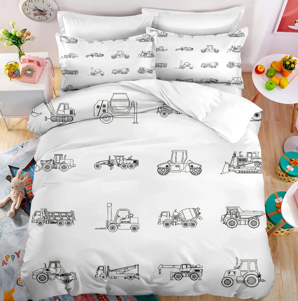 3D Print Excavator, Engineering Vehicle Bedding Set Kids Teenagers Winter Duvet Cover Set Bedroom Bed Linens Boys High-quality