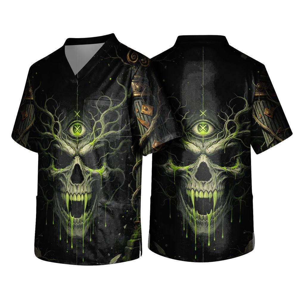 Pánský halloweenský potiskovaný V-výstřih s krátkým rukávem, zdravotnický top s kapsou, pro uniformu pečovatele, pracovní