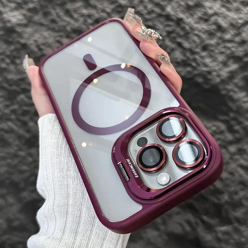 Luxury Magnetic Shockproof Case For iPhone 16 15 14 Plus 13 12 11 Pro Max For Magsafe Funda Stand Glass Lens Protecte Back Cover