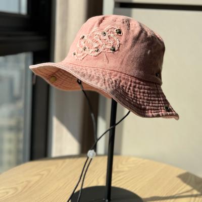 Vintage Street Style Washed Wide-brimmed Sun Protection Embroidered Fisherman Hat for Women, Camping Bucket Hat, Western Cowboy Hat