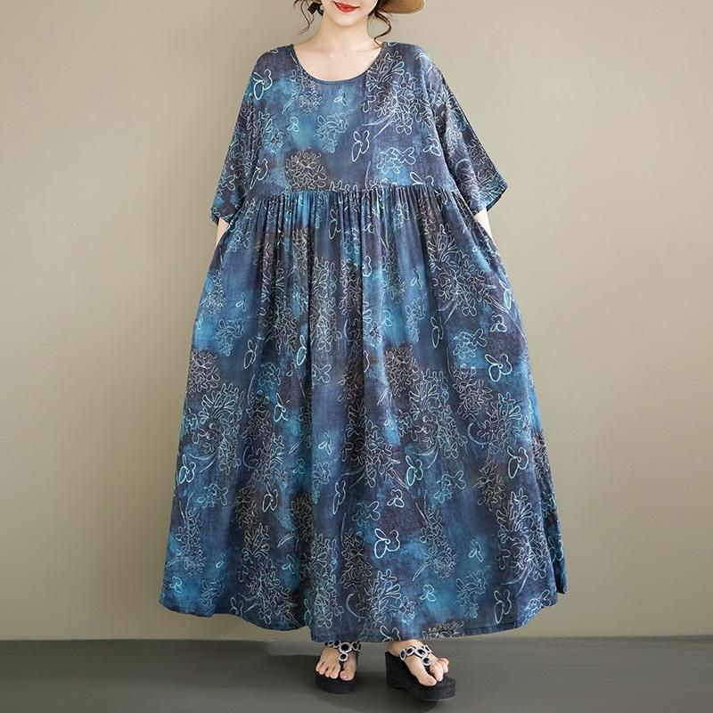 Short Sleeve Plus Size Cotton Vintage Floral New In Dresses for Women Casual Loose Long Summer Dress