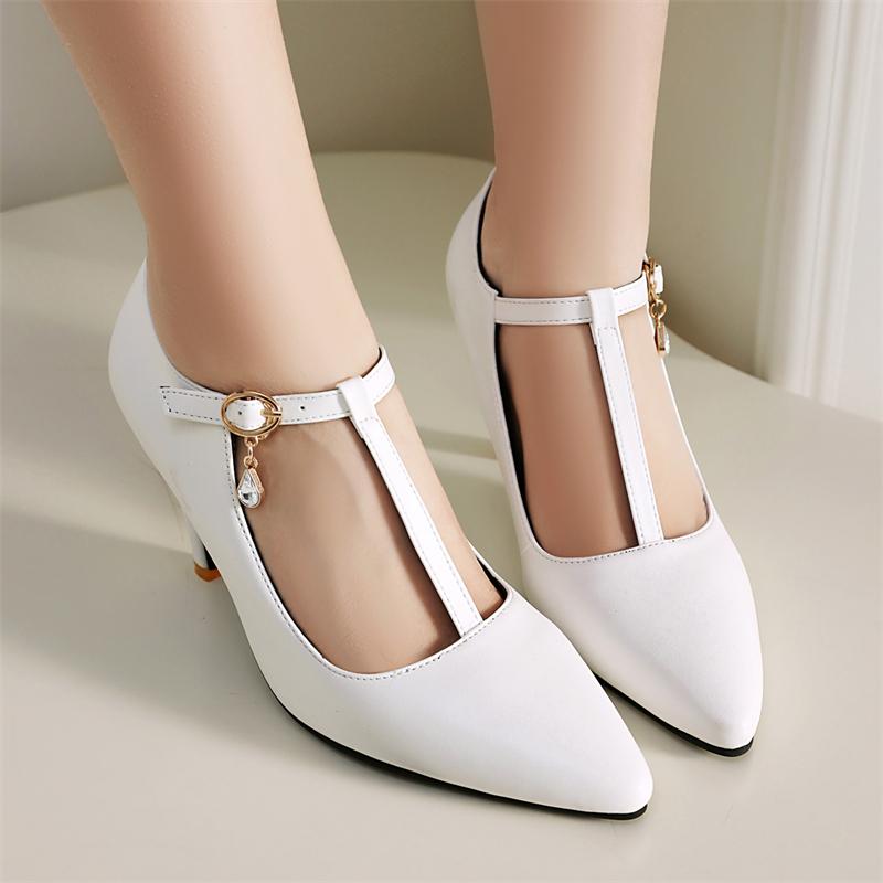 Women's High Heels Pumps Mary Jane Shoes T-strap Fashion Point White Red Heeled Party Wedding Office Shoes Female 2025 Spring