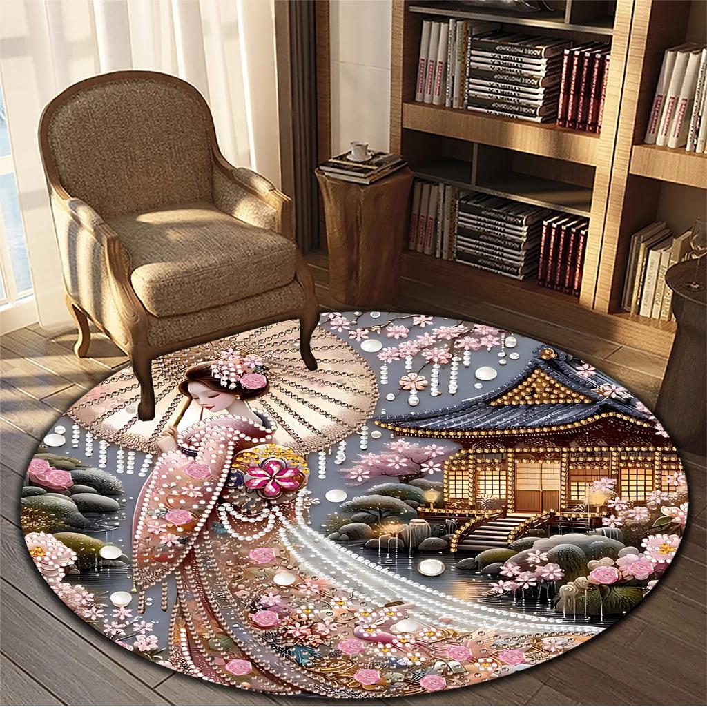 1pc Japanese Garden Temple Round Rug Zen Aesthetic Floor Mat Tea Room Decor Floral Pattern Luxury Home Accent Piece