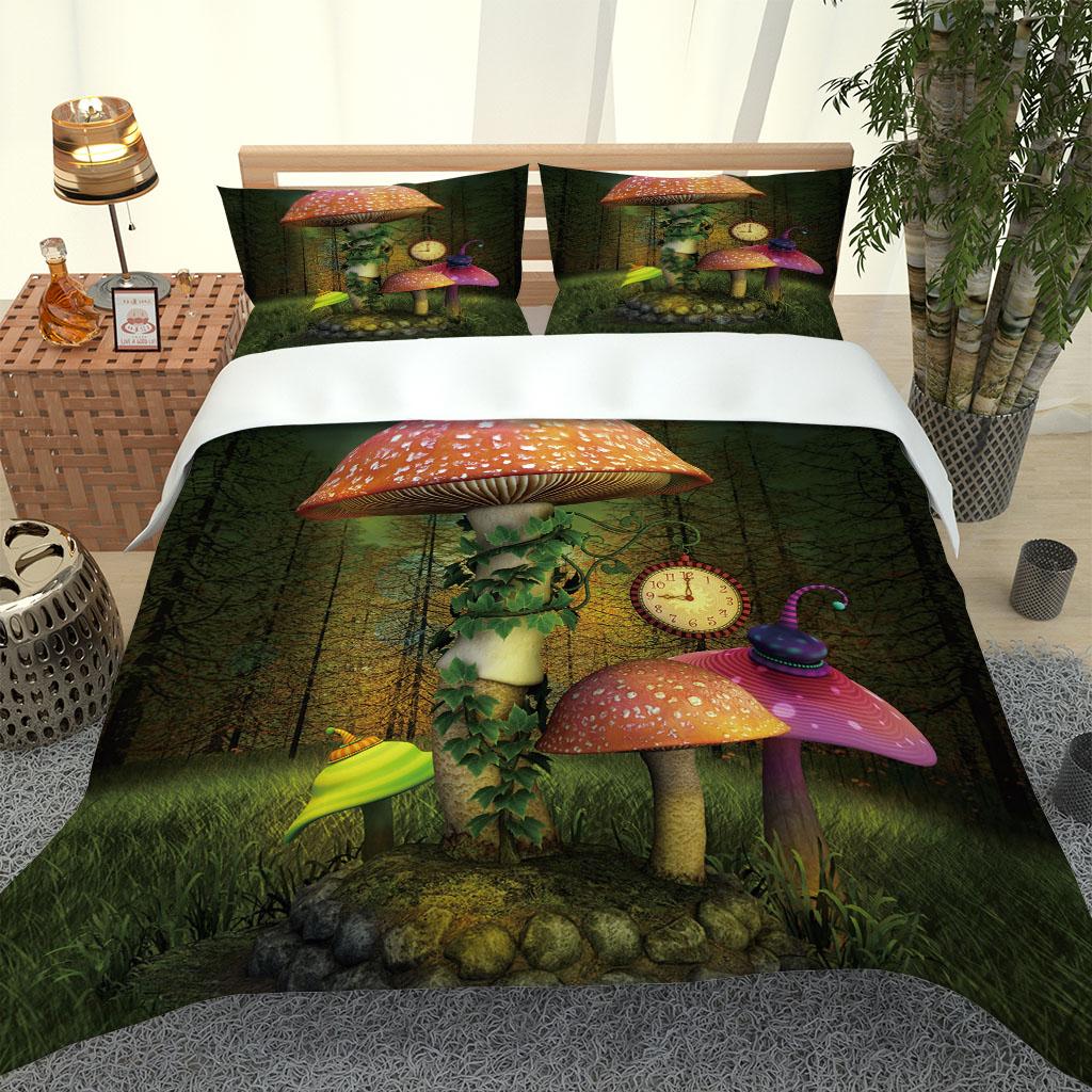 Queen Bettwäsche-Set 3D Bettbezug Pflanzen Pilz Stil Bettdeckenbezug Dreiteiliges Set Full Size Für Mädchen Jungen Schlafzimmer Deko