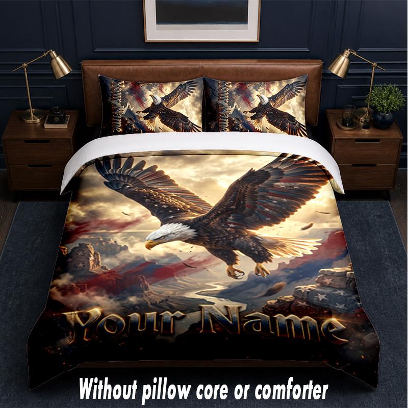 Amerikanisches Patriotisches Thema Benutzerdefinierter Text Oder Name 3-teiliges Bettwäsche-Set, 1 Spannbettlaken & 2 Kissenbezüge Personalisierte Heim-Bettwäsche