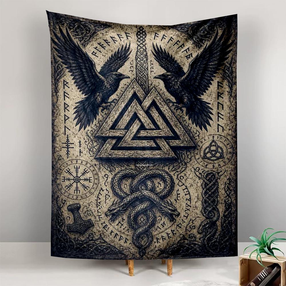 Norse Valknut Odin Ravens Runes Mjolnir Mythology Printed Tapestry for Living Room Dorm Decor