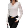 European American 2025 Autumn Winter New Women's Solid V-neck Lace Spliced   Nail Rhinestone Lantern Sleeve T-shirt Top