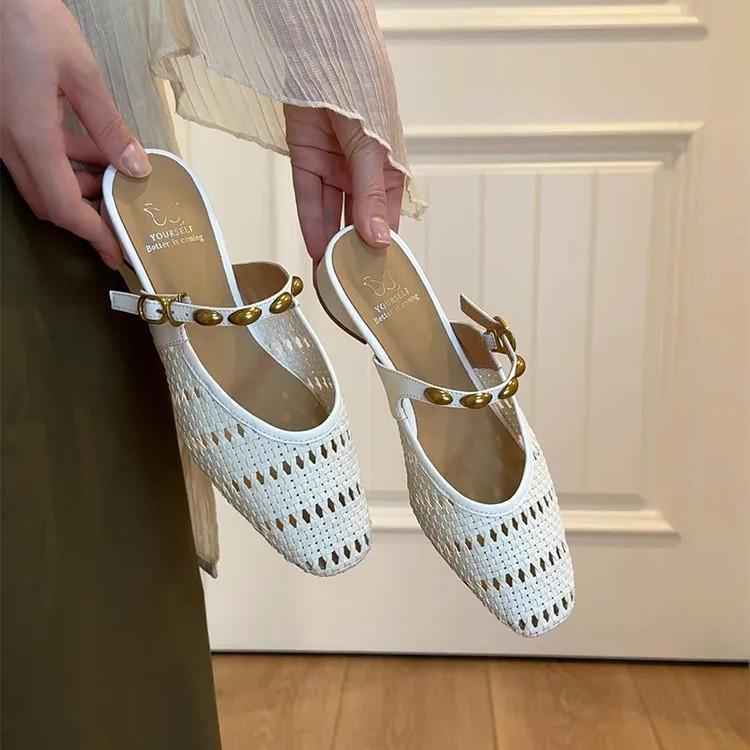 Sheepskin version~ Lazy design feeling hollow and breathable Roman style bag head half slippers women's summer wear French sandals