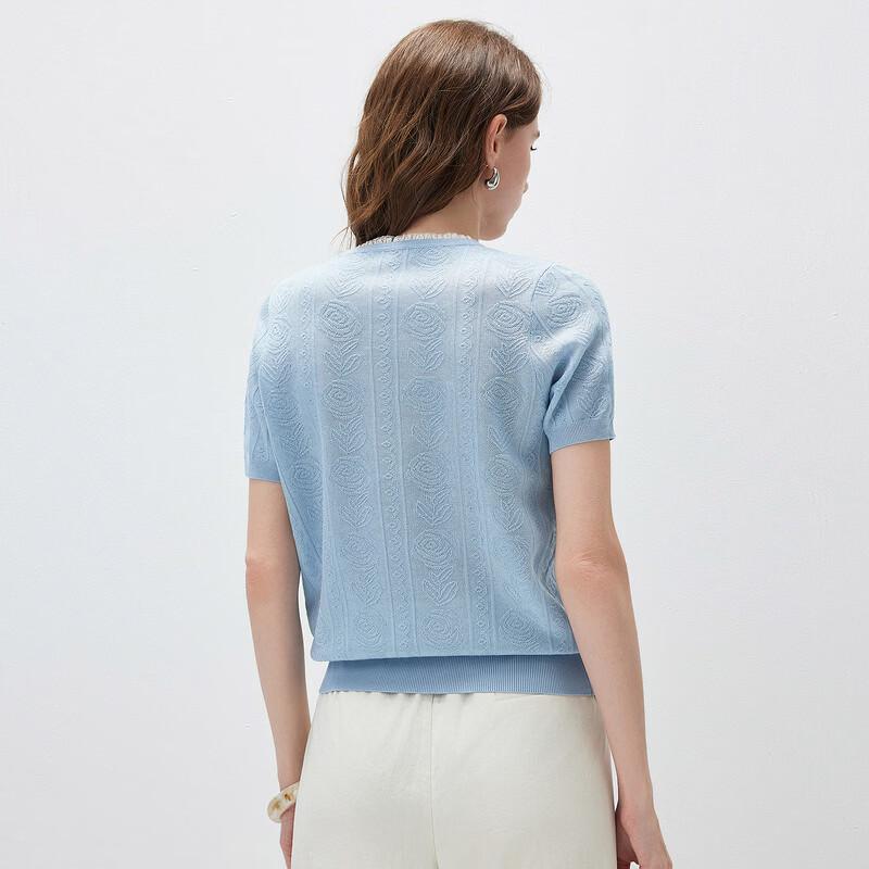 Women's Mulberry Silk Blend Lace Trim Short Sleeve Knit Top