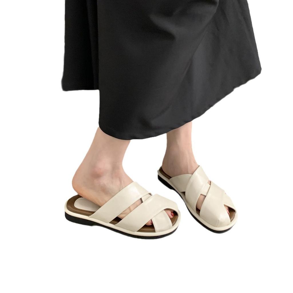 Koreanische Version von Taschenkopf-Flachboden-Slippern für Damen, Sommer 2024 neu, zum Ausgehen, mit runder Spitze, lässig, vielseitig, halboffen, Faulenzer-Schuhe, Slipper