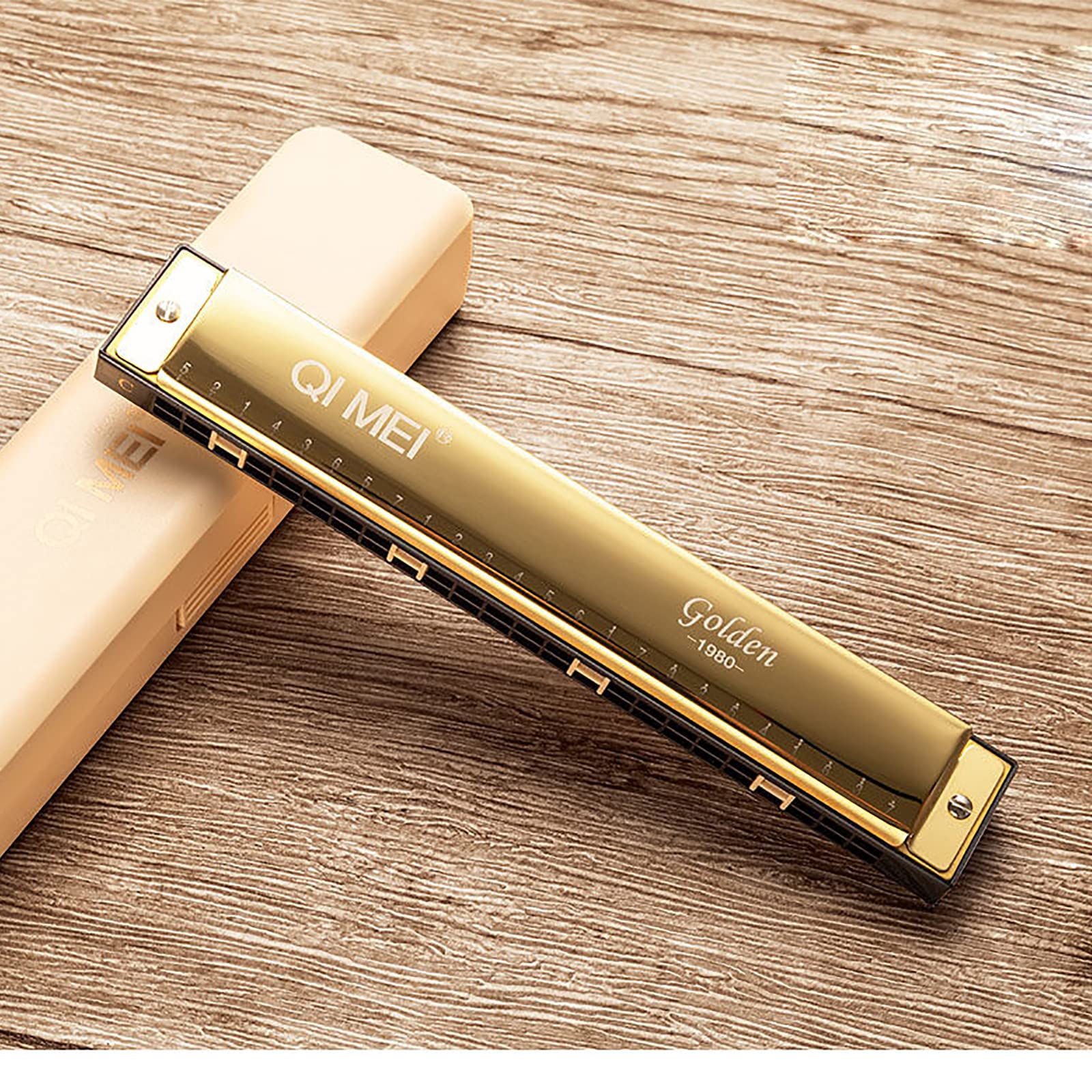 

QIMEI Blues 28 Stainless C Set Case for Beginners and Advanced Players 24 Harmonica, 10, 24, Holes, Steel, Key, Airtight, (Gold, Holes) золотой