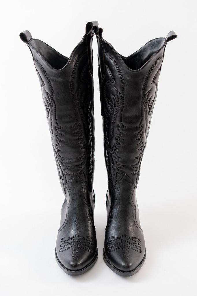 Women Modern Stylish Fashion Boots Boots Faux Leather Black Leather Embroidered Cowboy Long Boots