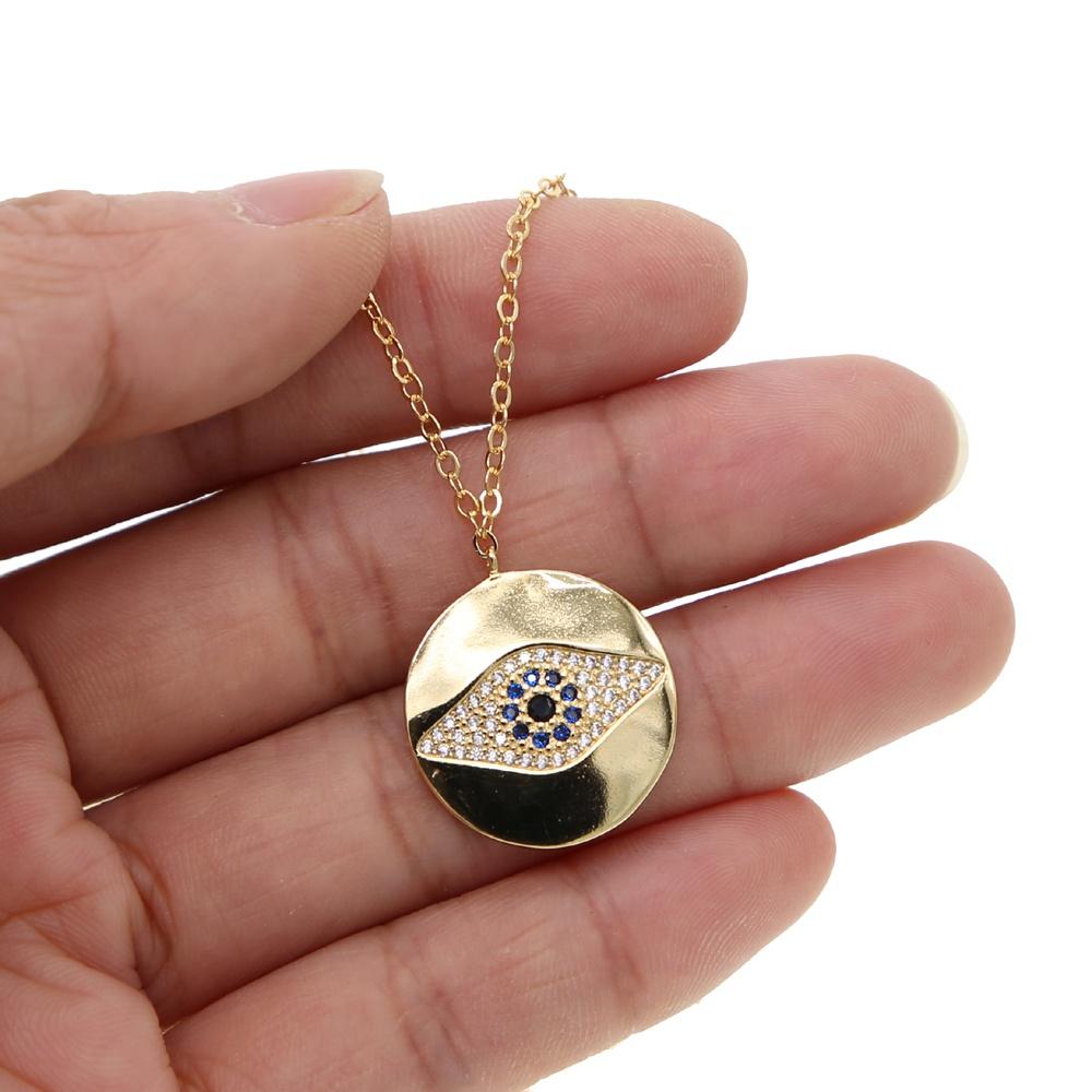 Promotion Round Coin Pendant Engraved Cz Eye Classic Simple Geometric Gold Necklace