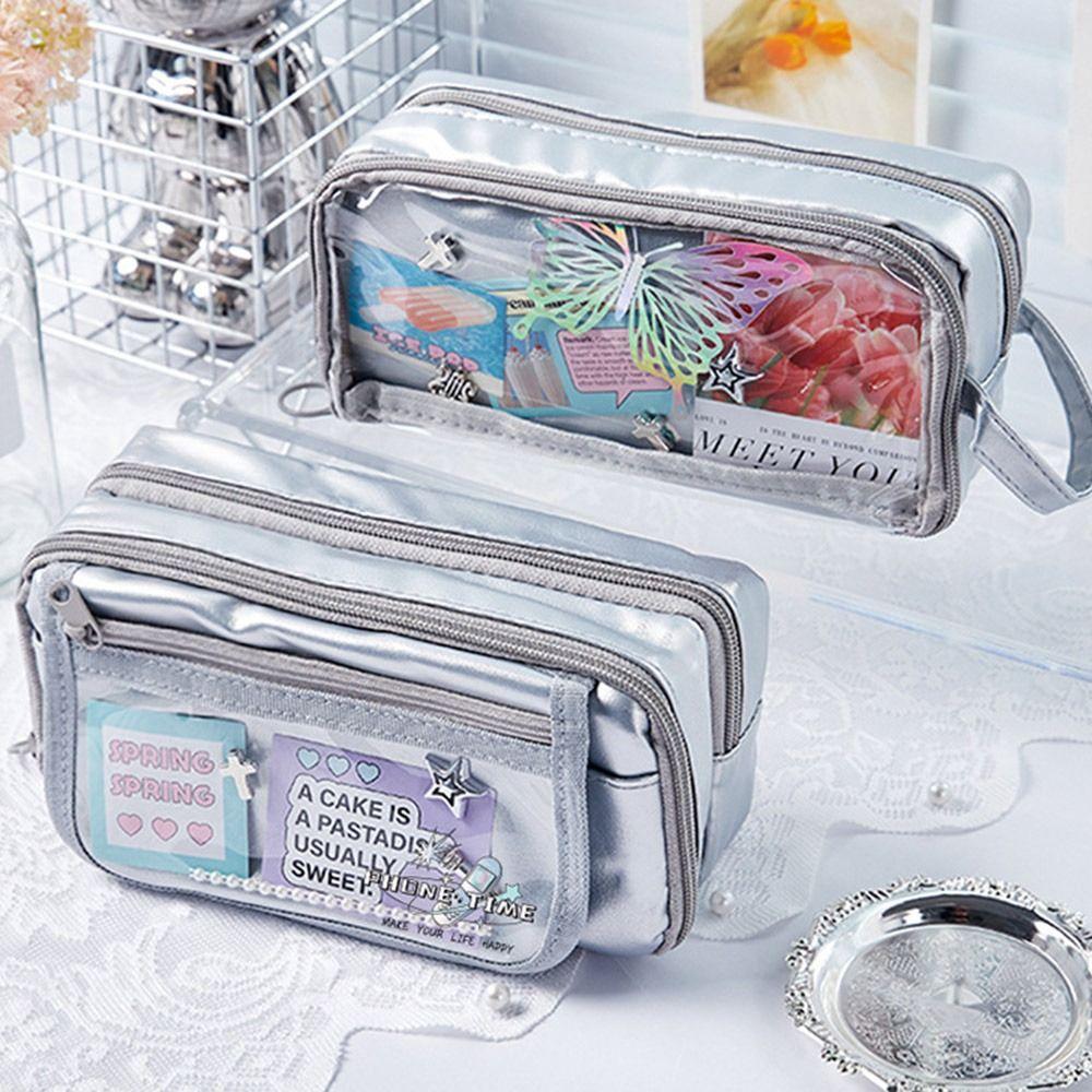 

Large Capacity Stationery Bag Silver Pencil Bags Cute Pain Bag School Supplies D