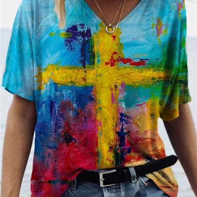 Fashion Spring  Cross Print Blouses Short Sleeved V-Neck T Shirts Casual