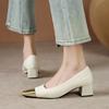Fashion 2024 LeShion Of Chanmeb Real Leather Women Slingbacks Pumps Block Medium Heels Designer Mix-color Shoes Beige Nude Pumps Office