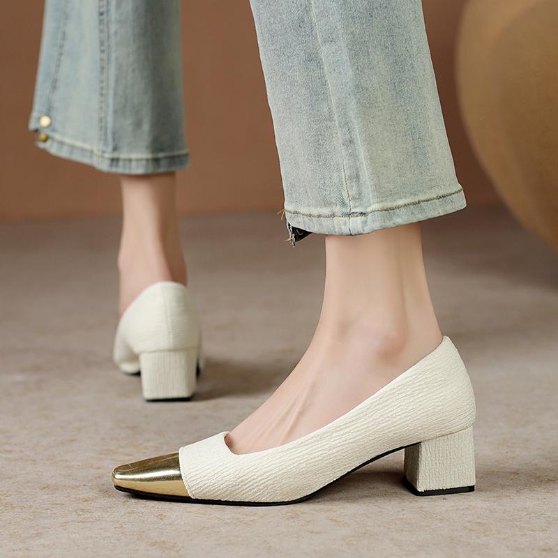 Fashion 2024 LeShion Of Chanmeb Real Leather Women Slingbacks Pumps Block Medium Heels Designer Mix-color Shoes Beige Nude Pumps Office