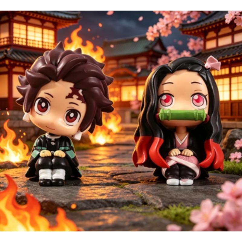 Cute Q-version PVC Figure Demon Slayer Kamado Tanjirou Kamado Nezuko Anime Model Toy Collectible Doll Gift Birthday Souvenir