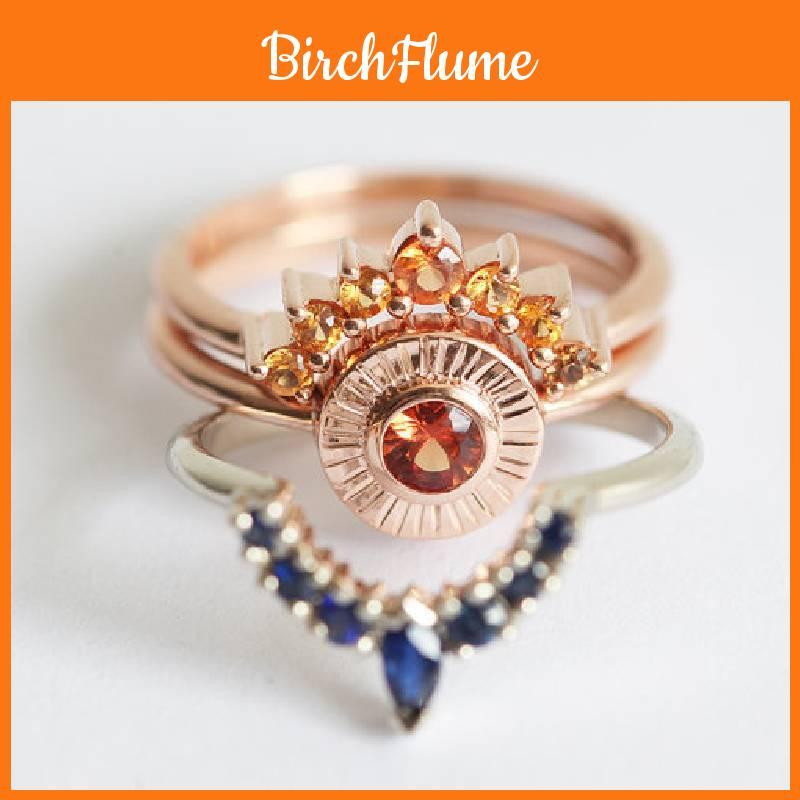 Elegant Rose Gold Three Piece Wedding Ring Set With Geometric Design For Women