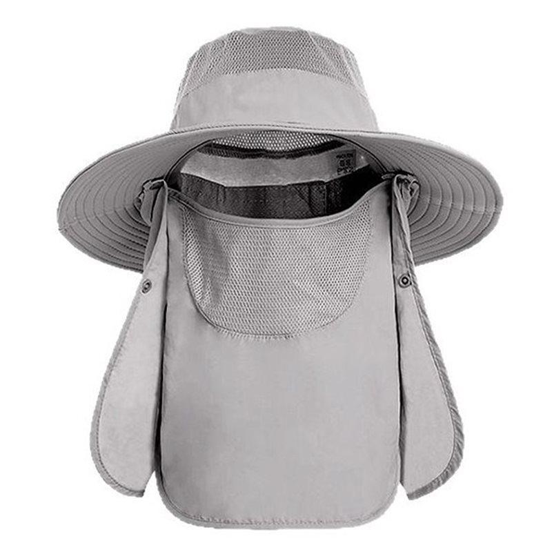 A95D-Outdoor Sun Protection Hat For Men And Women, Wide Brim Bucket With Face Cover & Neck Flap серый