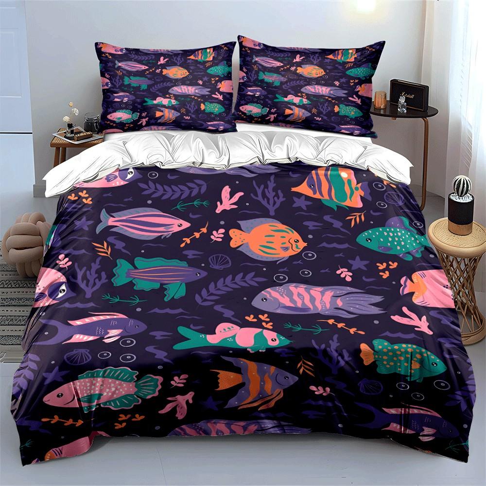 Colorful Fish Pattern Set: Aquatic Theme Exquisite Three-Piece Bedding Set Gift For Kids And Adults