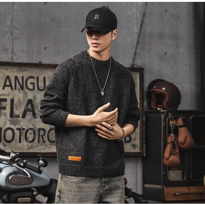 Men's American Retro Thick Knit Sweater - Winter Loose Fit, Casual Round Neck Outerwear