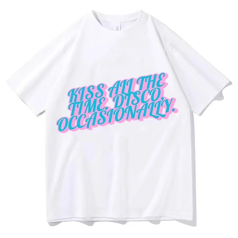 

Oversized White Cotton Casual Streetwear T-Shirt with Retro Disco Font Quote Kiss All The Time, Disco, Occasionally Print 4XL