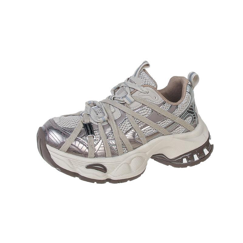 Yueyu Strap Platform Dad Shoes Women's 2025 Autumn New Leather Muffin Women's Net Shoes Lace-up Casual Sports Shoes