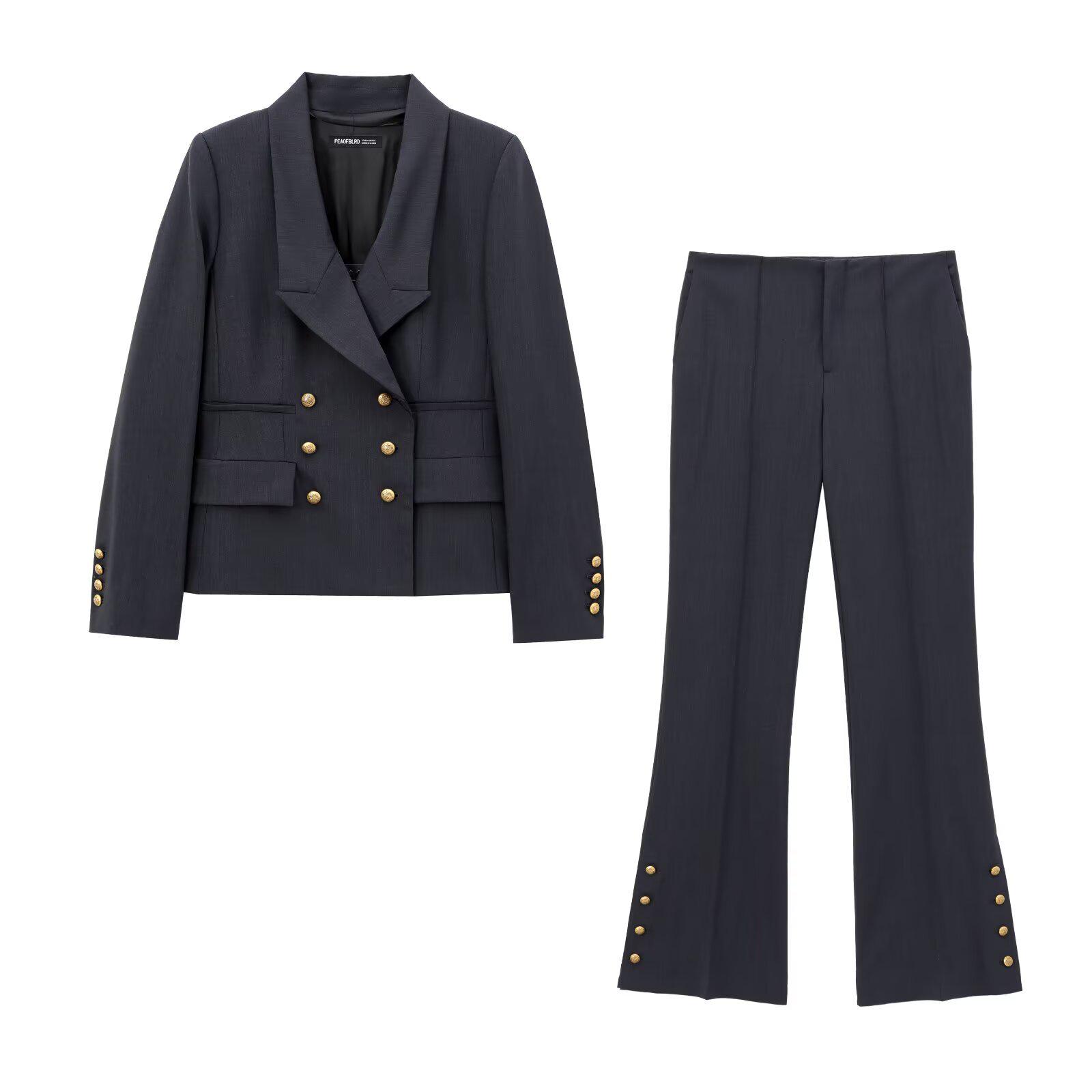 

Women s French Double-Breasted Blazer & Flared Pants Fashion Set, Spring/Autumn European Style XS