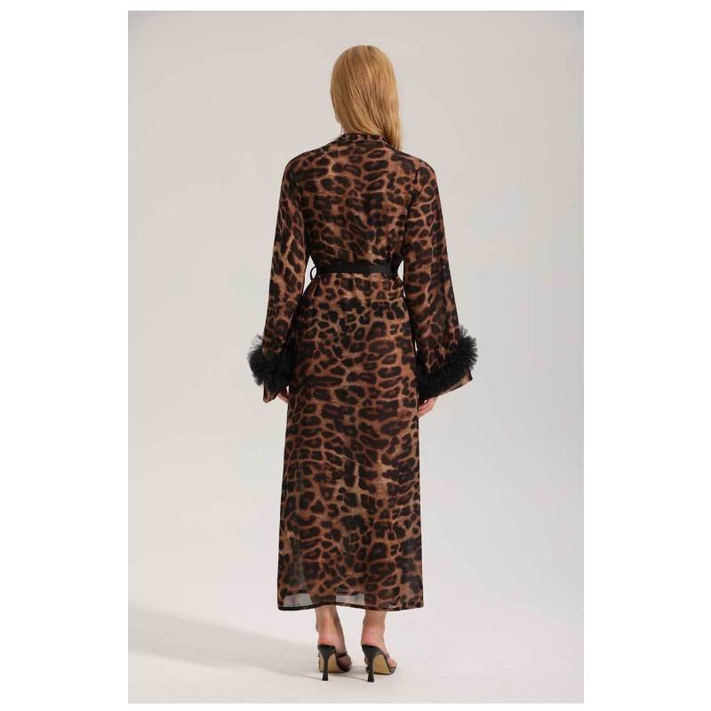 Leopard Print Nightgown, Women's Summer and Autumn Long Sleeved Light and Thin Morning Gown, Pearl Yarn Wild Beauty Home Gown