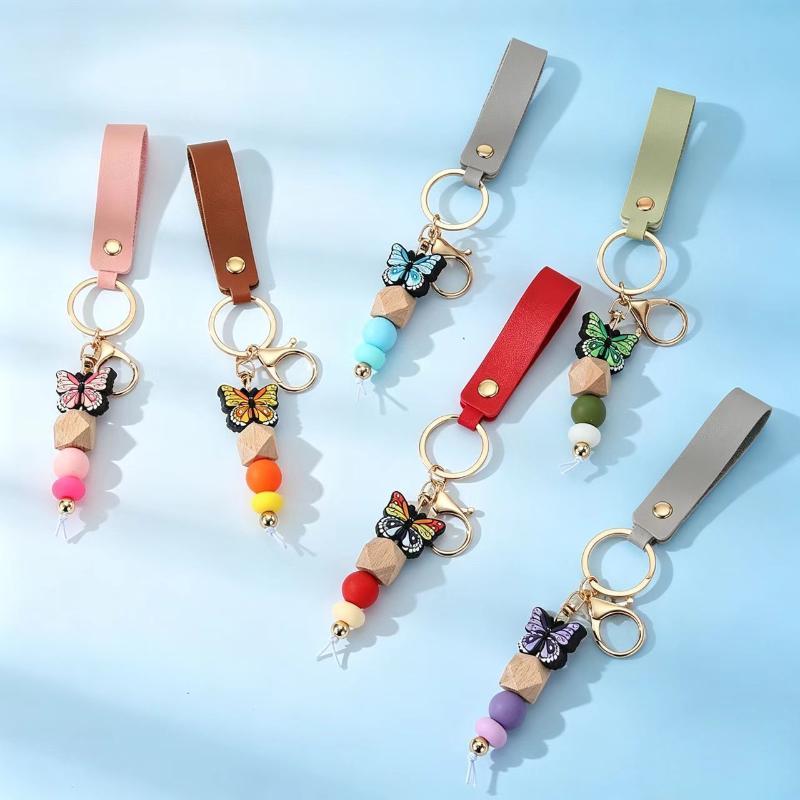 1Pcs Butterfly Silicone Beaded Keychain Personalized PU Leather Bag Charm for Camping Backpack Decor Ornament
