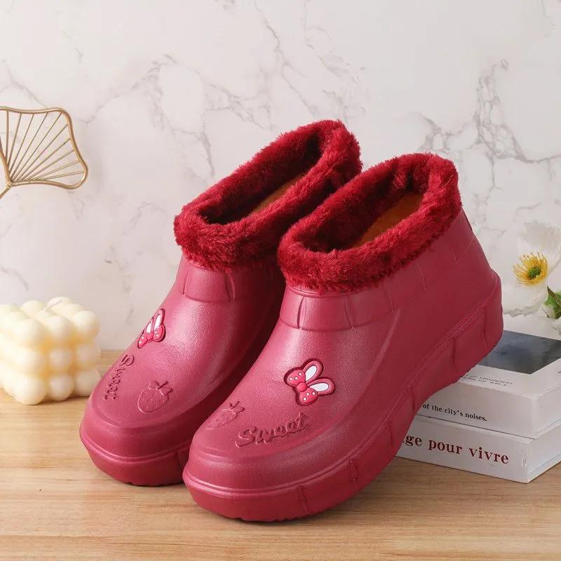 

Мужские и женские зимние ботинки с плюшевой подкладкой, теплые резиновые сапоги, водонепроницаемые резиновые сапоги, кухонная рабочая обувь 38 красный