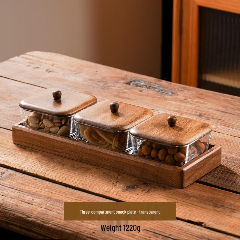Compartmented Walnut Wood and Glass Snack Tray