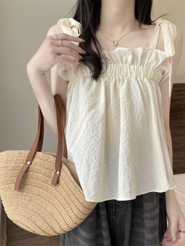 Women's Sweet & Fresh Textured Cropped Tie-Up Camisole: Summer 2026 Ruffle, Loose, Slimming Top