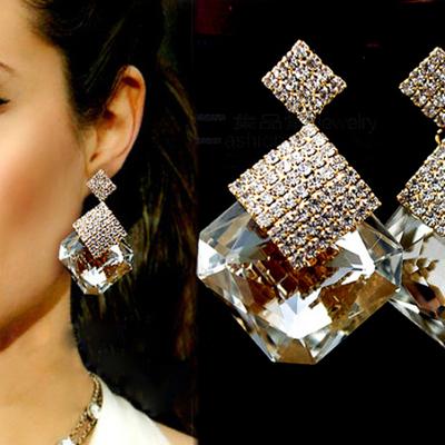 Women Luxury Sparkling Big Square Rhinestone Pendant Drop Earrings