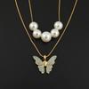 New Arrival Double Layer Imitation Pearl Beaded & Enamel Butterfly Pendant Necklace for Women Fashion Jewelry Gift