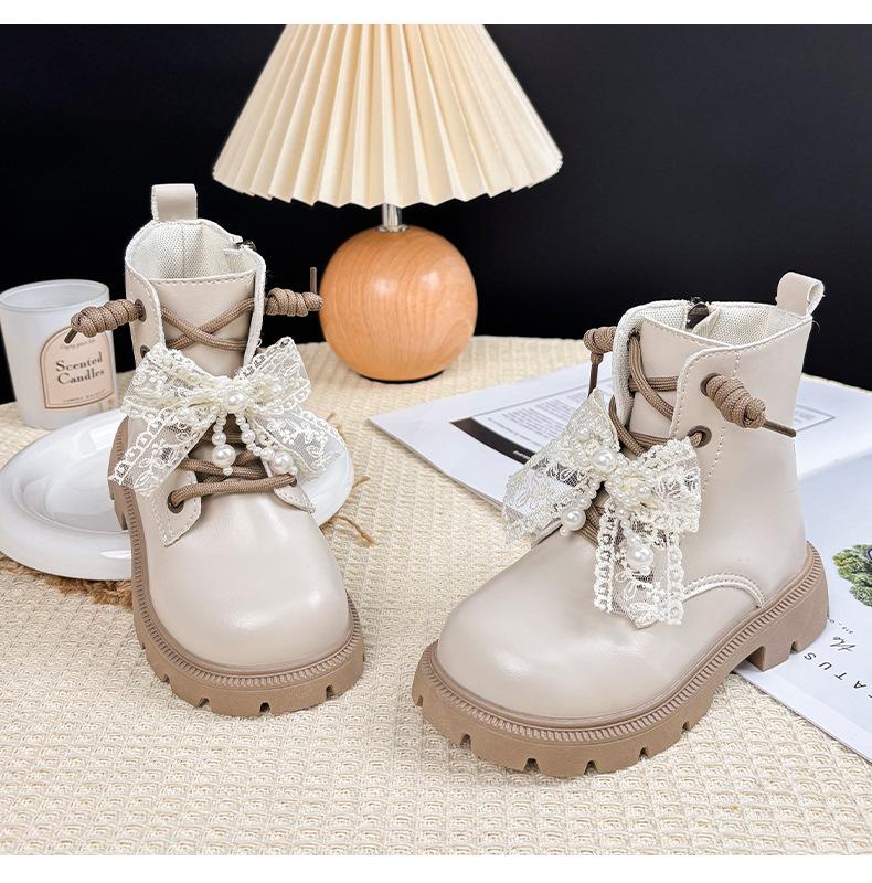 Autumn 2025 Girls' Beaded Bow Martin Boots - Short Leather Fashion Boots for Little Girls