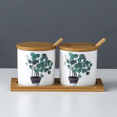 Kitchen seasoning tools ceramic seasoning jar set marble pattern cruet bamboo tray kitchen supplies seasoning box salt shaker