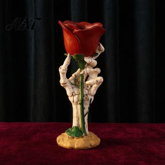 Halloween Table Ornaments Skeleton Hand Rose Candle Holder, Gothic Resin Decorative Ornament Atmospheric Trough for Home Decor, Dark Style Romantic