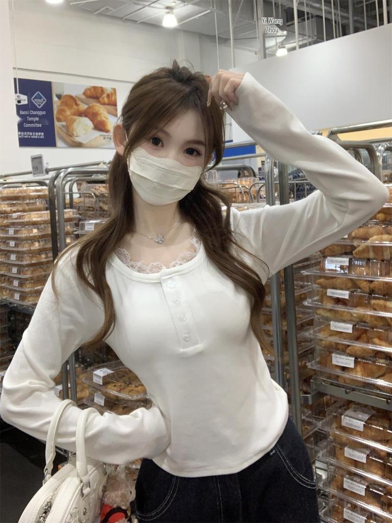 Korean Autumn Slim-Fit Square Neck Lace Trim Long-Sleeved Cashmere T-Shirt for Women