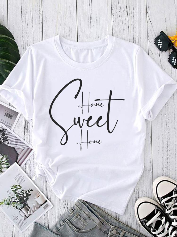 (Asian Size) O-neck Women's Top T Shirt Printed Short Sleeve T-shirts Style Letter Cute Fashion Female Casual Clothing Graphic Tee