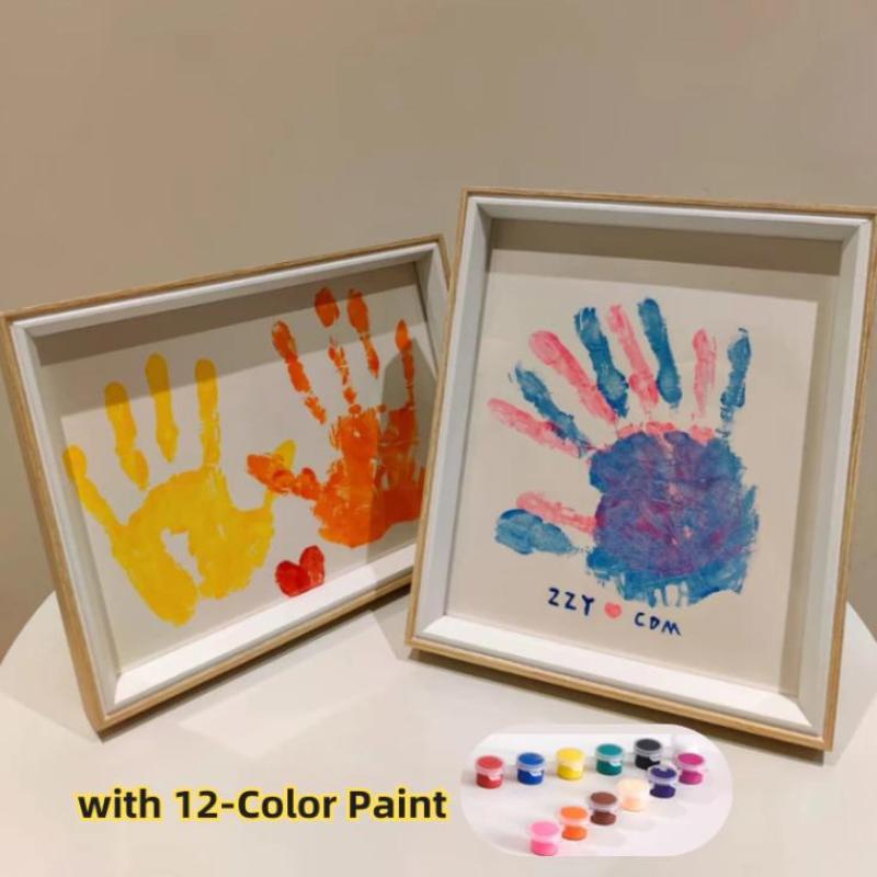 Diy Couple Hand Paint Shadow Box Frame Wooden Handprint Photo Frame 12-Color Paint Set Display Gifts