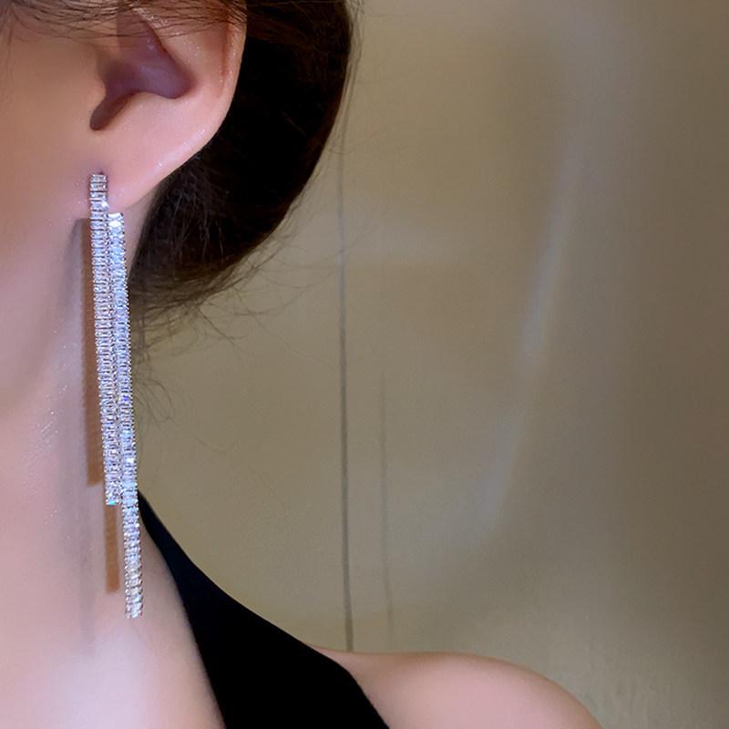 Silver Needle Korean Style Shiny Zirconia Square Tassel Earrings - Light Luxury, High-End Studs, Fashionable and Exquisite for Women