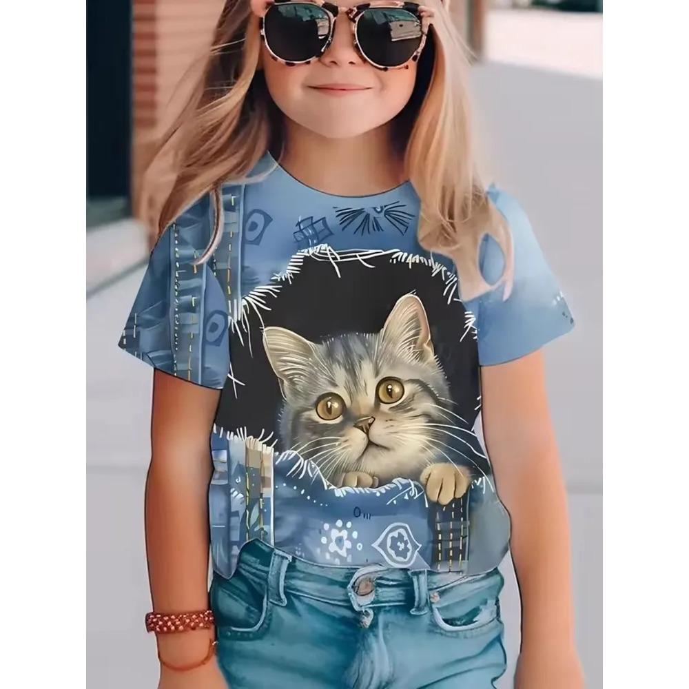 Fashionable Summer Children's Top Creative Colorful Cute Animal 3D Printed T-shirt Girls Comfortable Soft Breathable Short Sleeves T-shirt